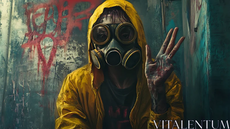 Gas-masked drifter in yellow hooded suit, alleyway vigil.