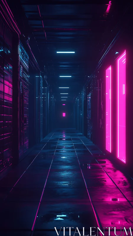 Neon corridor glows with cool blue and vivid magenta light