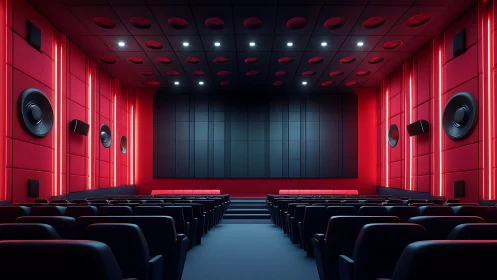 Cinematic red theater glows softly, inviting quiet escape