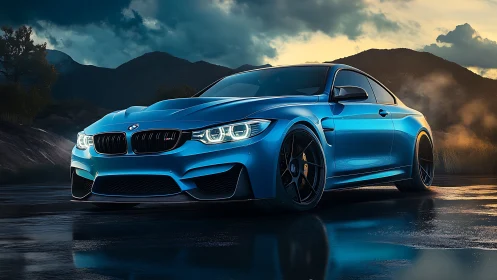 Gleaming blue sports coupe resting after a rain-soaked drive.