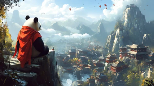 Cloaked panda overlooking expansive mountain cityscape.