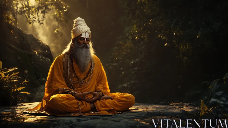 Golden-robed sage resting in quiet forest morning light.