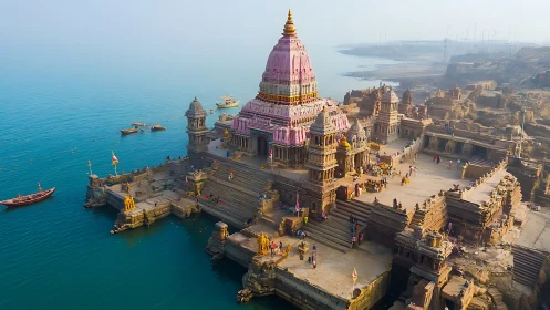 Riverside temple complex in morning haze above tranquil waters.