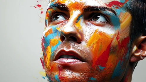 Chromatic facial portrait with hyperreal impasto texture mapping.