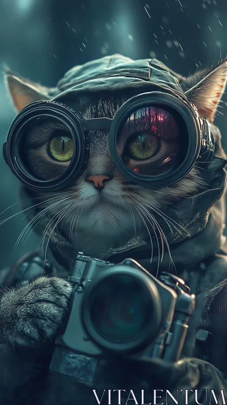 Cat with Binoculars and Camera in Rain.