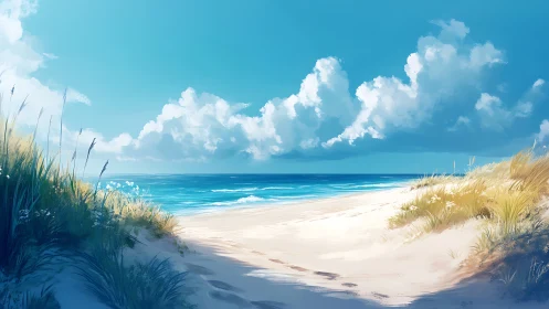 Sunlit dune pathway slipping into a dreambright ocean horizon.