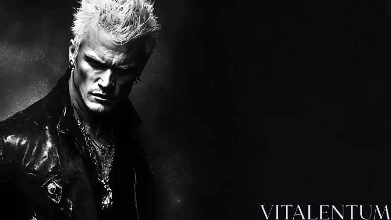 High-contrast monochrome punk portrait with specular leather.