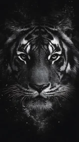 Monochrome tiger portrait with intense frontal gaze.