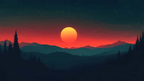 Glowing sunset over quiet pine mountains with starry sky.