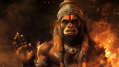 Fire-crowned simian guardian raises a calm, sacred hand.