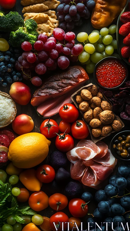 Photorealistic gourmet spread in vertical flat-lay composition.