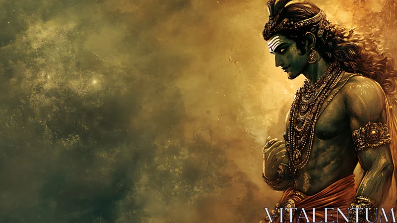 Sunlit warrior demigod broods in gilded celestial haze.