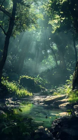 Misty Forest Stream with Ethereal Volumetric Light Through Canopy