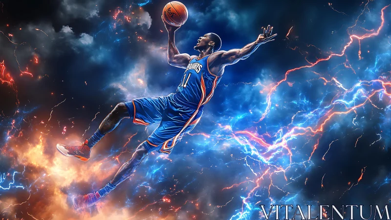 Basketball player rendered midair against electric sky field