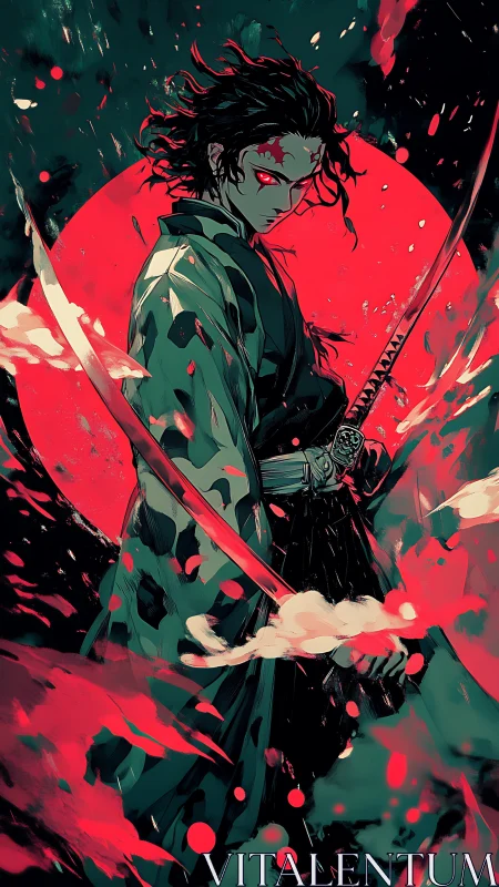 Samurai warrior ignites crimson power beneath a blood moon