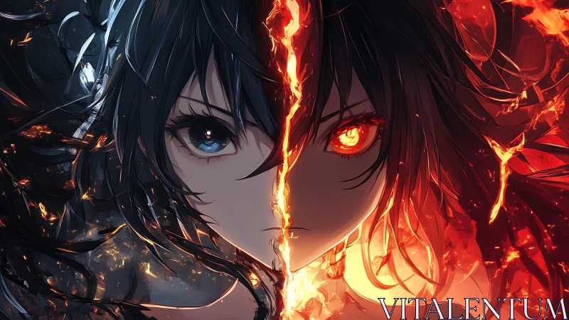 Dual elemental anime portrait split by fire and shadow.