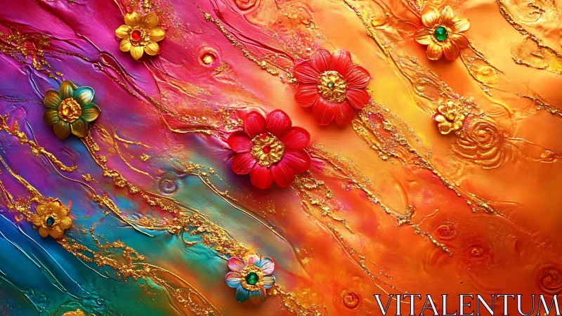 Multicolored floral relief on textured metallic gradient field.