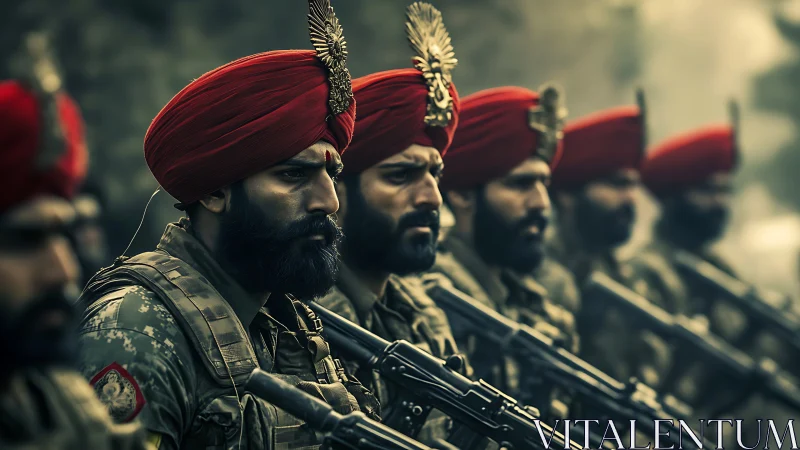 Turbaned soldiers in formation under muted battlefield light.