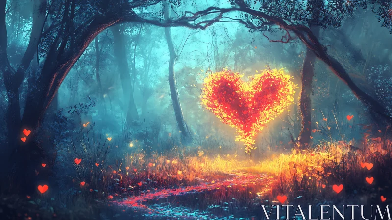 Luminous Heart in Misty Forest Landscape.