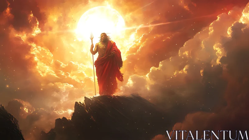 Sun-crowned storm god striding through blazing heavens.