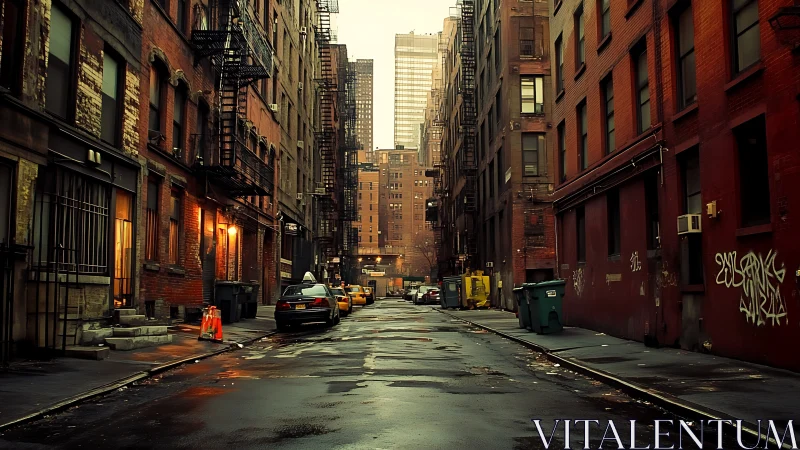Wet urban alleyway with brick buildings and fire escapes.