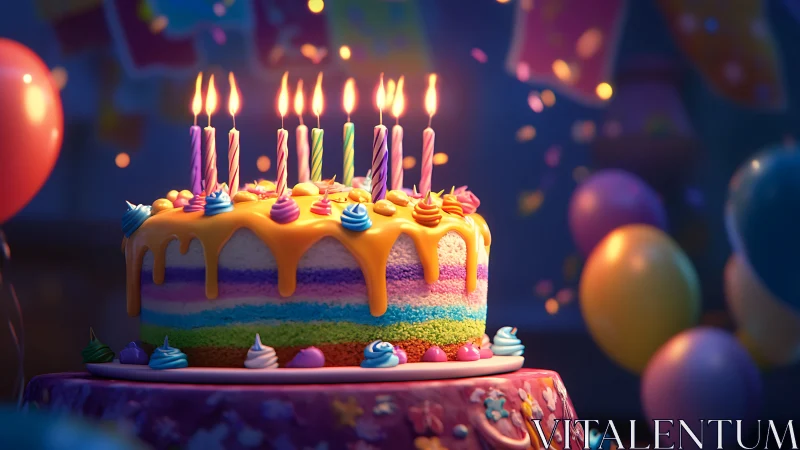 Layered Birthday Cake with Lit Candles and Rainbow Frosting