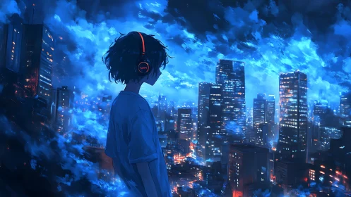 Solitary listener above neon blue night city skyline.