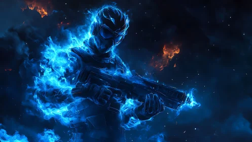 Blue energy soldier holding rifle in dark fiery void.
