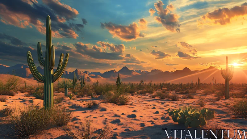 Desert landscape with saguaros under warm sunset light.