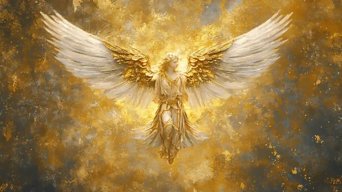Radiant golden seraph ascending through luminous heavens.