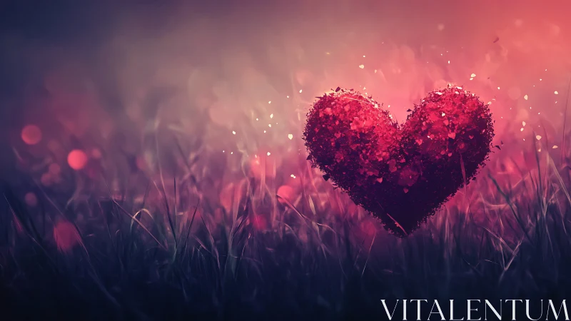 Glowing Red Heart in Grass Field Against Pink Sky.