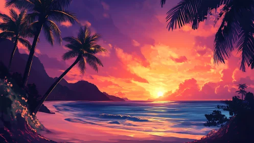 Tropical sunset shoreline under vivid neon sky glow.