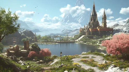 Fantasy lakeside citadel beneath towering alpine peaks.