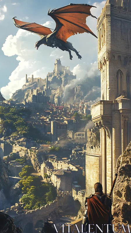 Dragon patrol over sunlit cliffside citadel battlements.