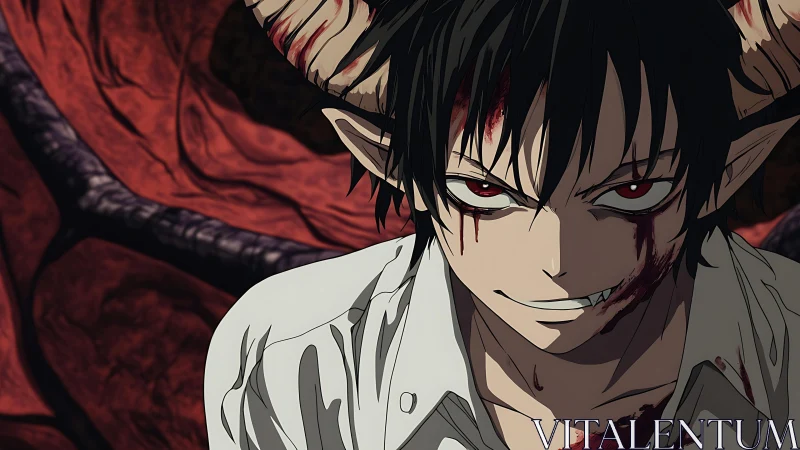 Bloodstained demon youth grins beneath a pulsing hellscape.