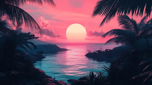 Neon tropical sunset seascape in stylized digital painting.