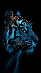 Side profile blue lit tiger portrait on dark background.