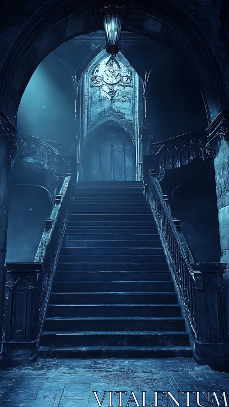 Haunting blue-lit stone staircase in decayed gothic hall.