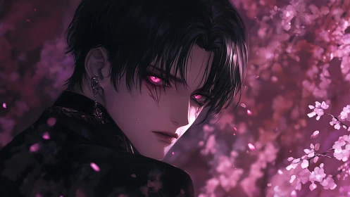 Enigmatic anime boy gazes back amid glowing sakura dusk