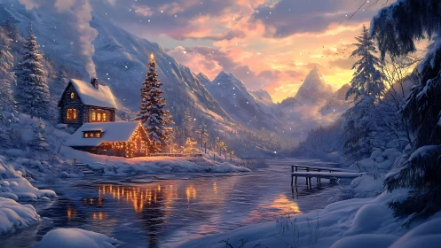 Cabin lights quietly serenade a winter river of glass