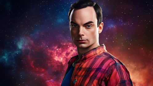 Stargazing portrait of focused man in cosmic nebula glow.