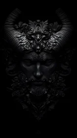 Baroque horned deity mask in high-contrast digital chiaroscuro.