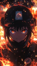 Firelit anime firefighter framed by glowing embers and sparks.