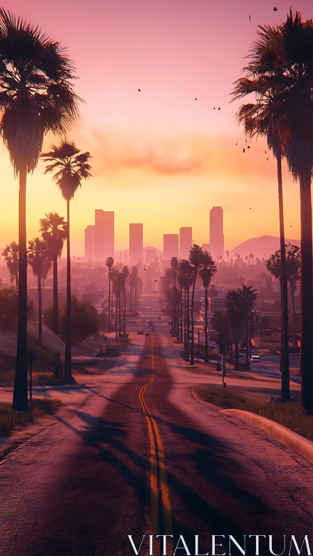 Sunset arterial road with palm-lined corridor and hazy skyline