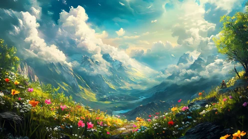 Vibrant alpine valley with wildflower meadow and clouds.