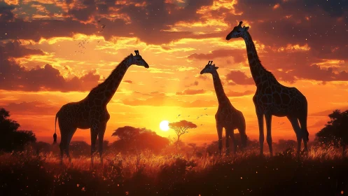 Giraffe silhouettes stand against vivid African savanna sunset