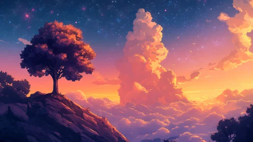 Solitary hilltop tree above vivid sunset cloud ocean.