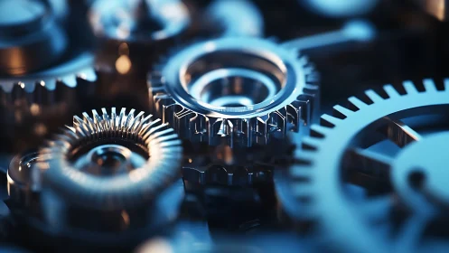 Interlocking steel gears in cool cinematic macro focus.