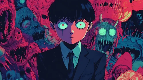 Haunted boy in suit amid neon surreal horror entities.
