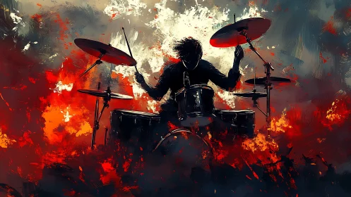 Drummer silhouette drives energetic kit amid fiery strokes.